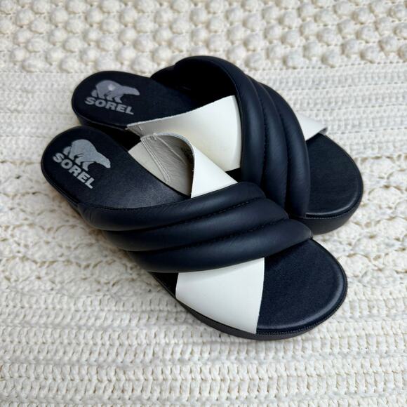 SOREL Womens 8.5 Cameron Puff Platform Slide Sandal Leather Black White Flatform - Picture 4 of 10